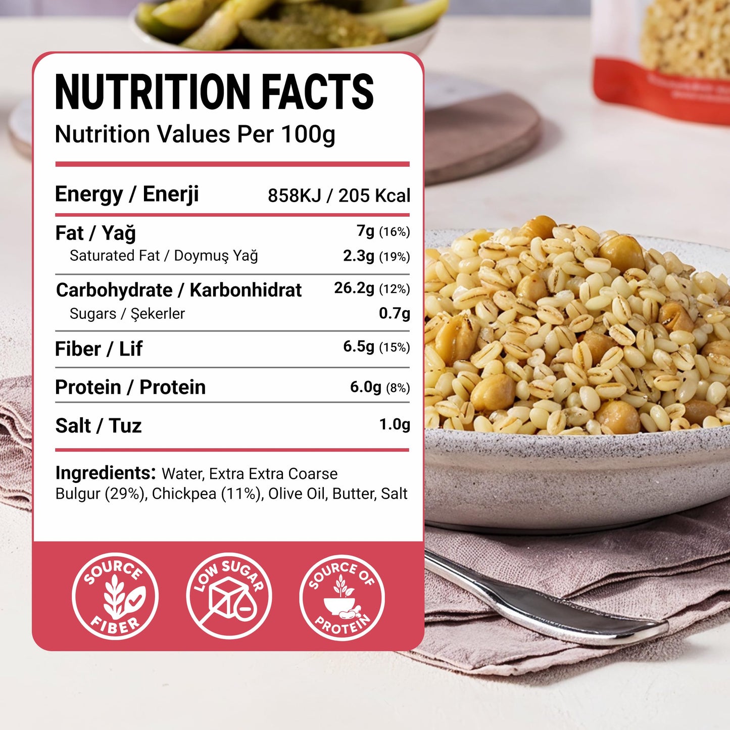 Duru Ready Bulgur Pilaf with Chickpeas, 250g x 4 Pack – Heat & Eat, 100% Natural, Non-GMO, BPA Free, No Trans Fat, No Preservatives