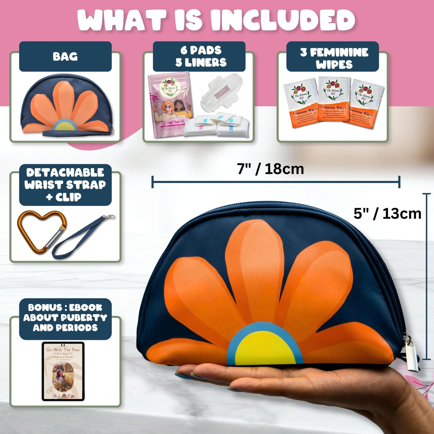 The Bloom First Period Kit for Girls 9-12 – 32 PC Tween Starter Kit with Cute Sanitary Napkin Storage Bag – Portable Waterproof Emergency Pad Pouch (Pink & Blue)