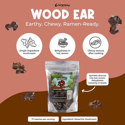 CHIRAMEN Dried Wood Ear Mushroom Ramen Toppings – Black Fungus Mushroom Slices for Ramen, Cup Noodles, Soups, Hot Pot & Stir Fry – Asian Garnish for Instant Noodle Bowls