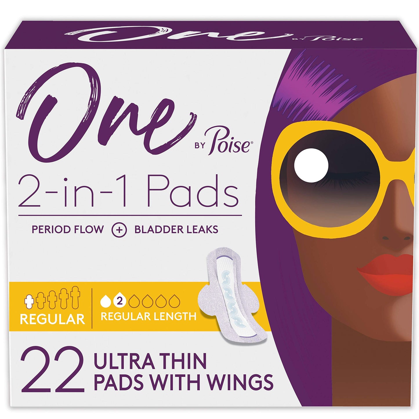 One by Poise Feminine Pads with Wings (2-in-1 Period & Bladder Leakage Pads for Women), Regular, Regular Absorbency for Period Flow, Very Light Absorbency for Bladder Leaks, 22 Count