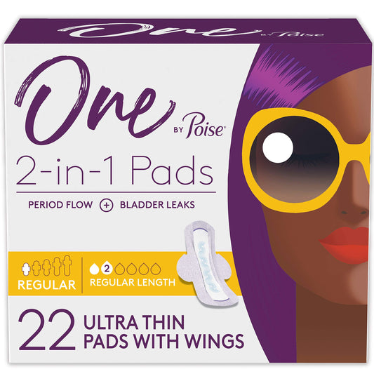 One by Poise Feminine Pads with Wings (2-in-1 Period & Bladder Leakage Pads for Women), Regular, Regular Absorbency for Period Flow, Very Light Absorbency for Bladder Leaks, 22 Count