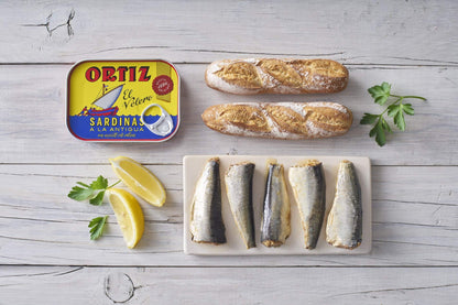 Ortiz Sardines A la Antiqua 'Old Style', Moist and Tender, Wild Caught in Spain and Hand-Packed in Premium Extra Virgin Olive Oil, Enjoy in Salads, Sandwiches and on Toast, 4.9oz Can (Pack of 2)