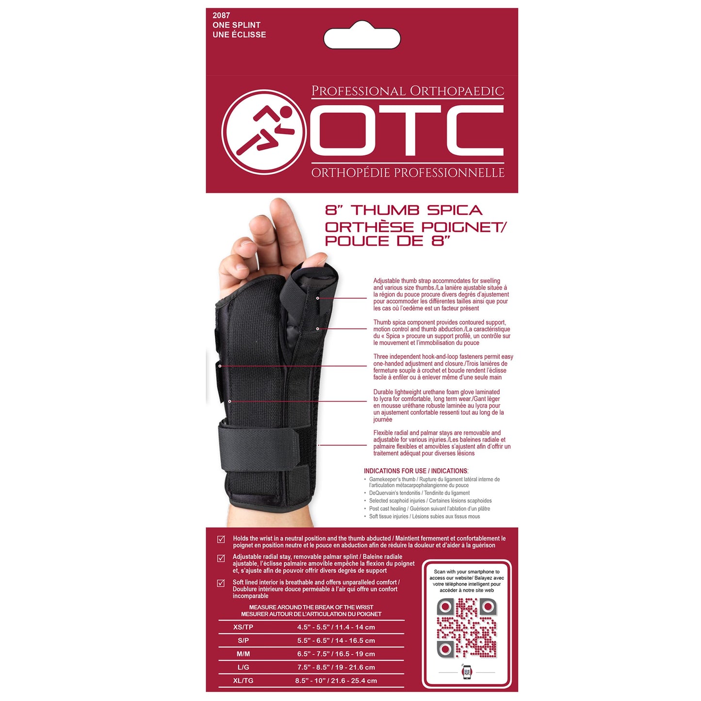 OTC Wrist-Thumb Splint, 8-Inch Adult, Lightweight Breathable, Medium