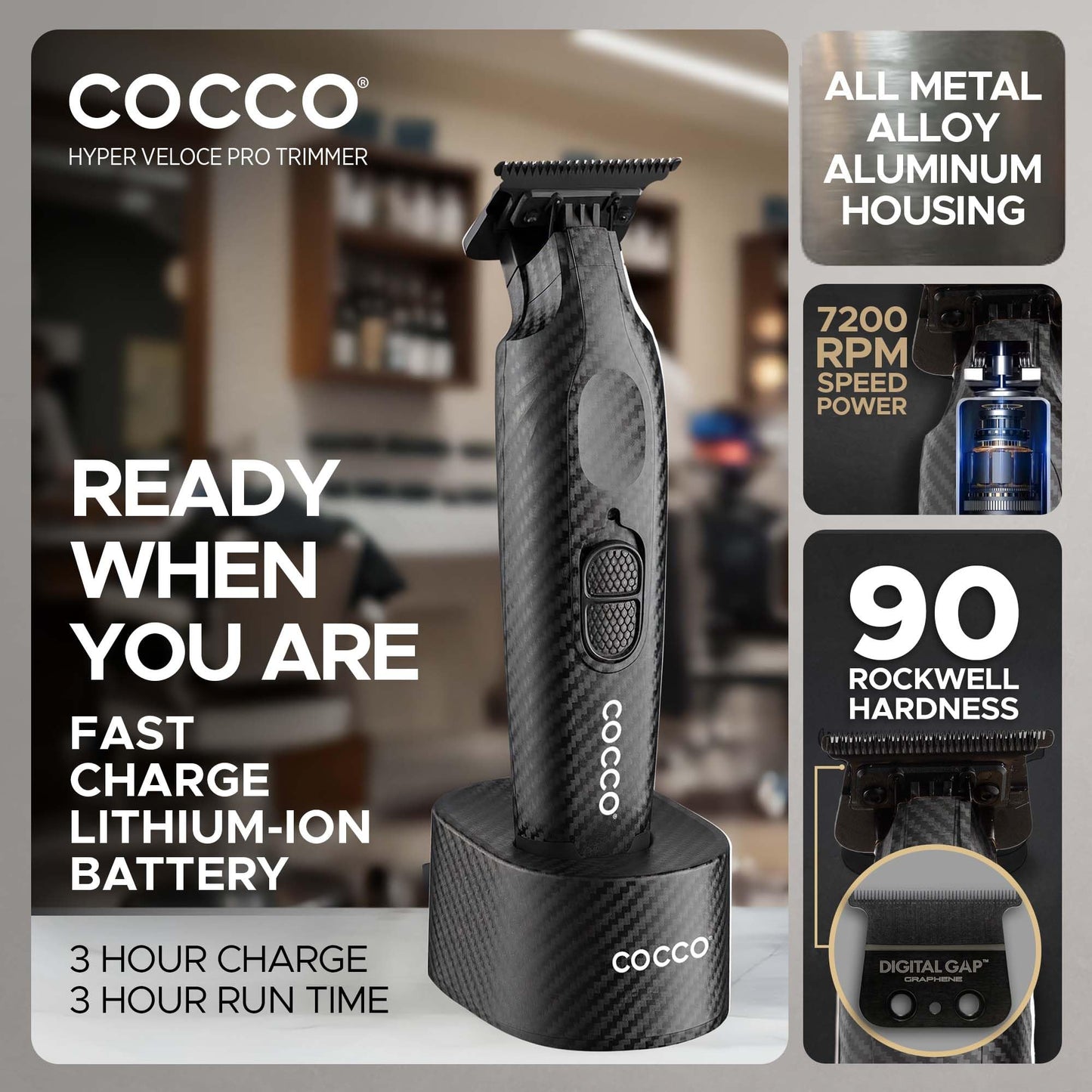 Cocco Hyper Veloce Pro Trimmer, Digital Gap Graphene Blade Edger, High-Torque Brushless BLDC Motor, Cordless, All-Metal Design, Lithium-Ion Battery, Charging Base Included (Carbon Fiber)