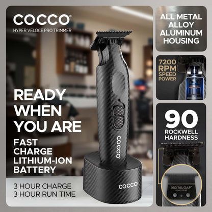 Cocco Hyper Veloce Pro Trimmer, Digital Gap Graphene Blade Edger, High-Torque Brushless BLDC Motor, Cordless, All-Metal Design, Lithium-Ion Battery, Charging Base Included (Carbon Fiber)