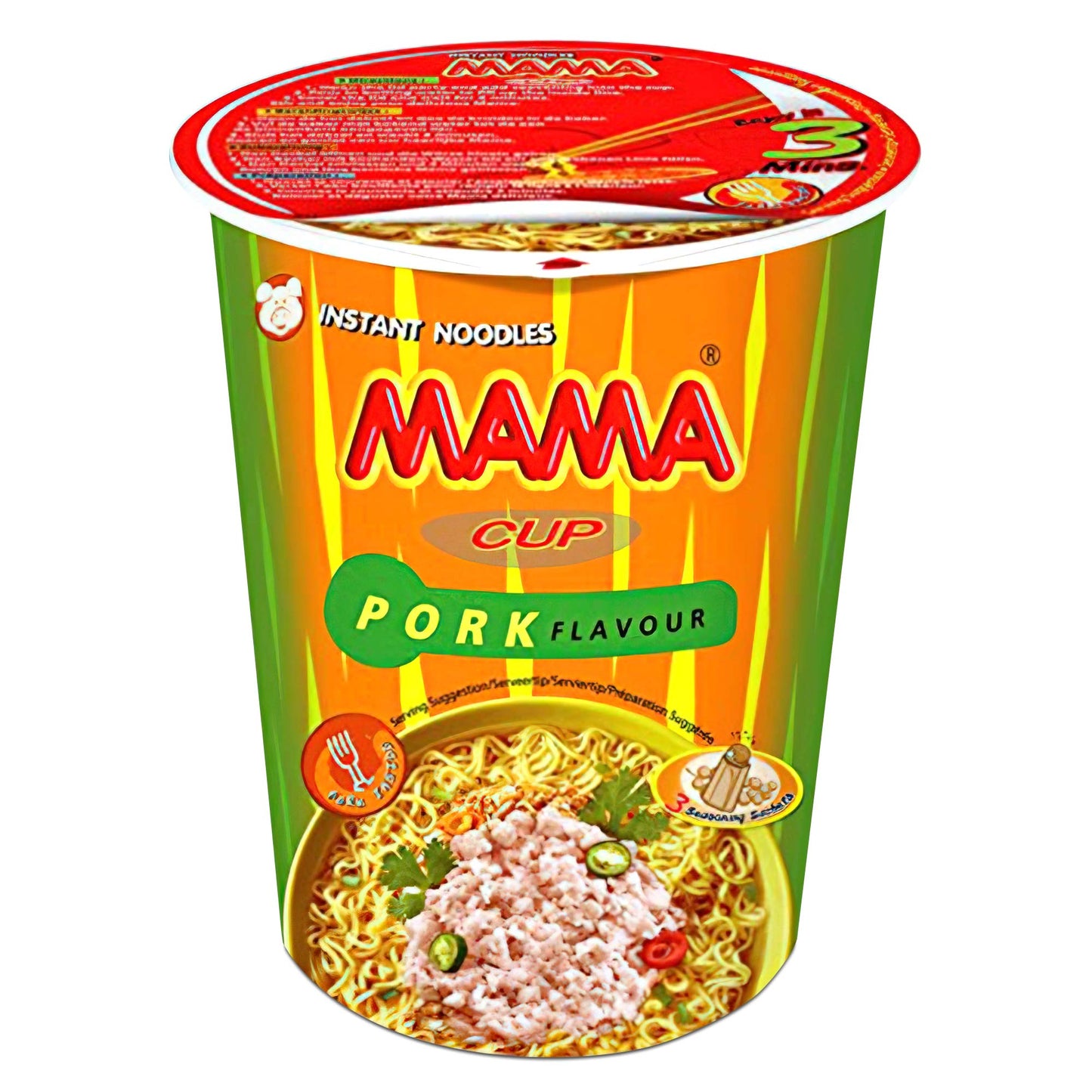 MAMA Noodles PORK Instant Cup of Noodles with Delicious Thai Flavors, Hot And Spicy Noodles with Pork Soup Base, No Trans Fat with Fewer Calories Than Deep Fried Noodles (Pork Flavor, 6 Pack)