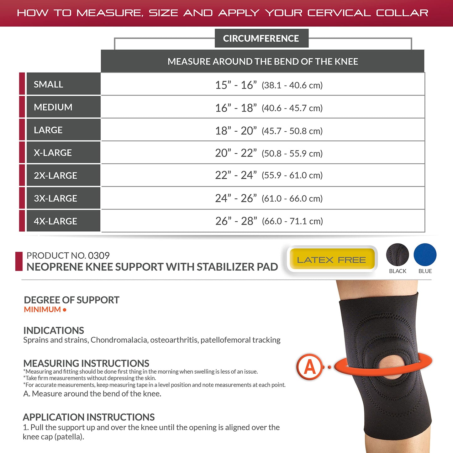 OTC Knee Support, Encircling Stabilizer Pad, Neoprene, Black, Medium