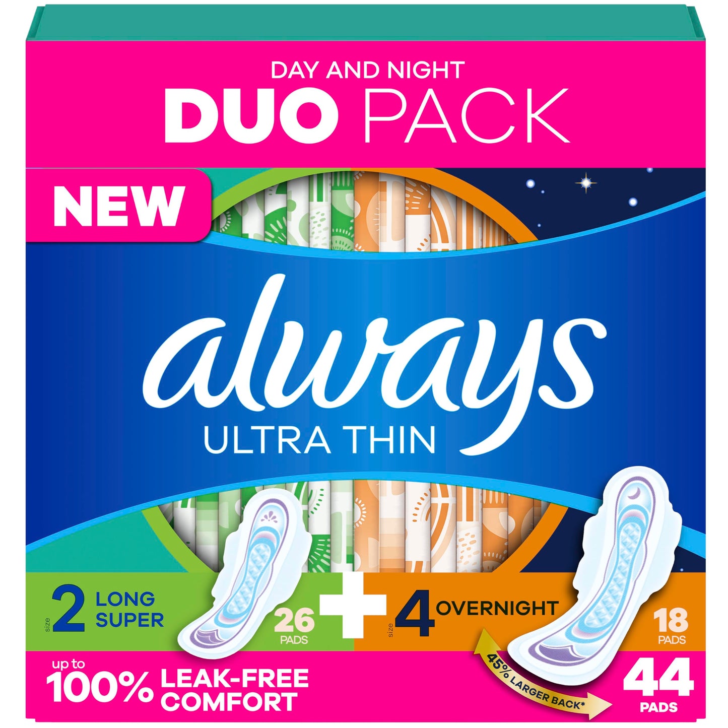 Always Ultra Thin Pads Duo Pack, Feminine Pads with Wings for Women, Size 2 Long Super and 4 Overnight Absorbency, Unscented, Up to 100% Leak-Free Protection, 44 CT