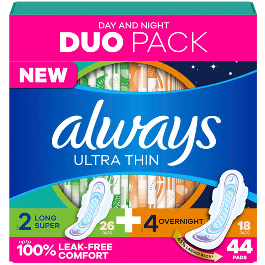 Always Ultra Thin Pads Duo Pack, Feminine Pads with Wings for Women, Size 2 Long Super and 4 Overnight Absorbency, Unscented, Up to 100% Leak-Free Protection, 44 CT