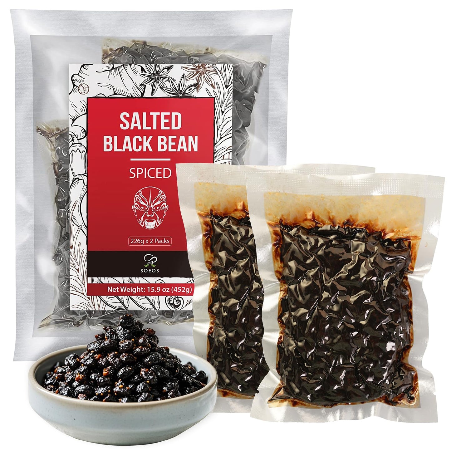 Soeos Salted Black Bean Spiced, 15.9 oz (226g*2 Pack), Chinese Fermented Black Beans, Flavor Enhancer for Stir-Fries, Stews, and Sauces, Rich Umami Flavor