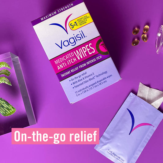 Vagisil Anti-Itch Medicated Feminine Intimate Wipes for Women, Maximum Strength, Gynecologist Tested, 12 Wipes (Pack of 1)