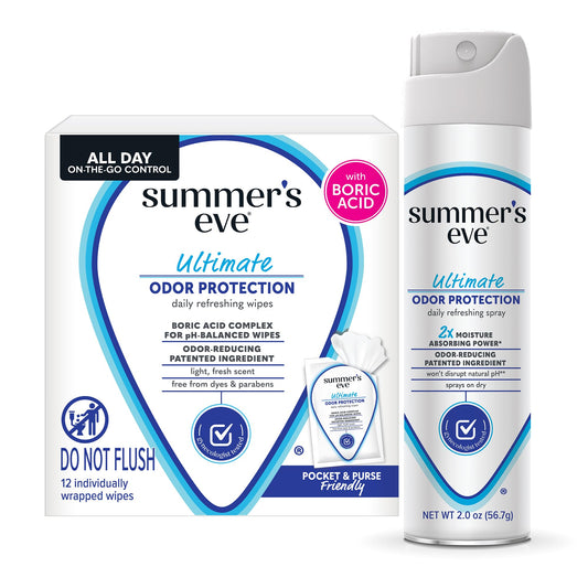 Summer's Eve Ultimate Odor Control Feminine Spray, 2 oz & Wipes with Boric Acid, 12 ct