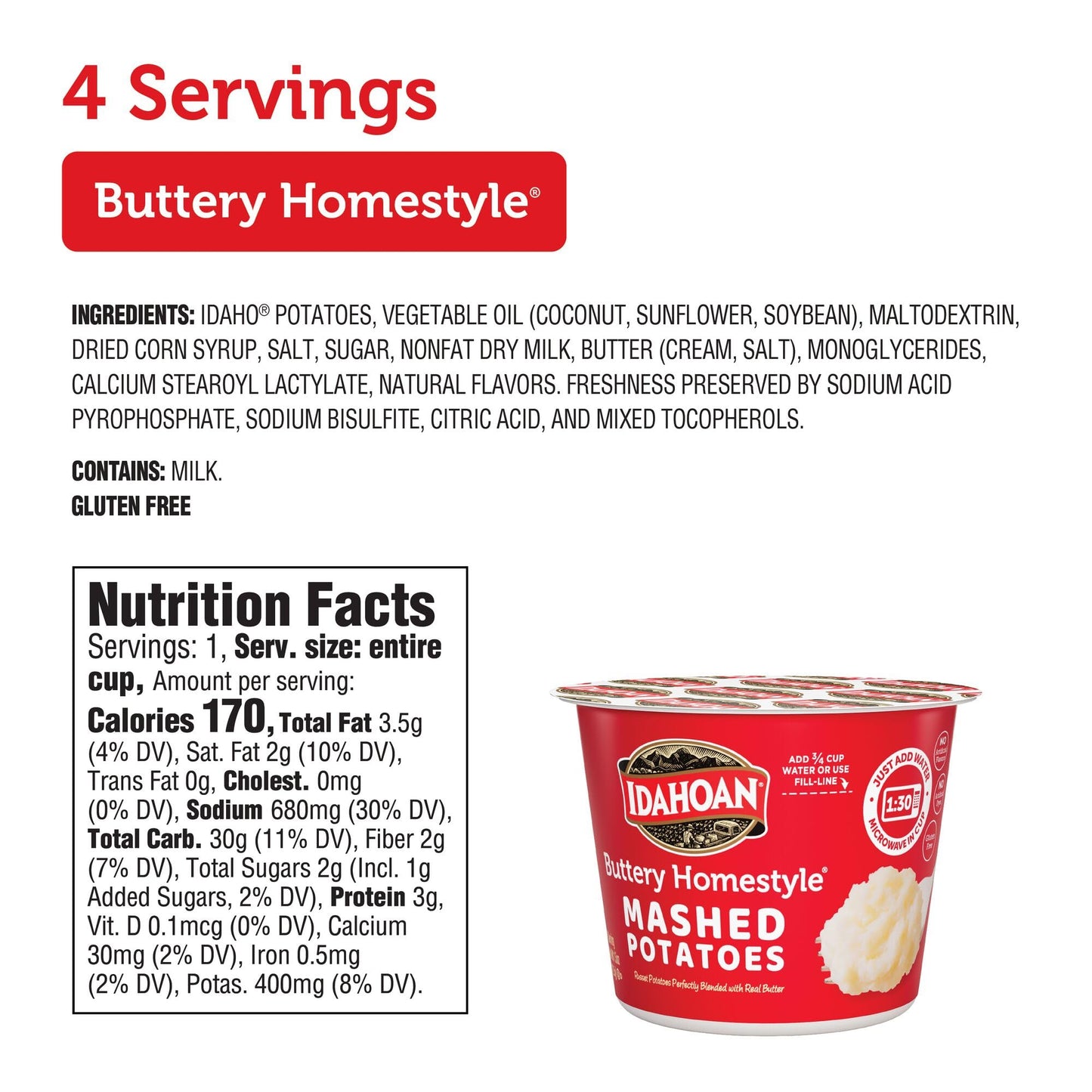 Idahoan Buttery Homestyle Mashed Potatoes Cup, 1.5oz (Pack of 24)