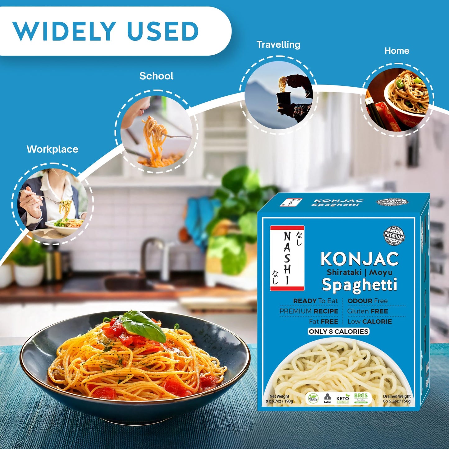 Nashi Shirataki Konjac Spaghetti (8x190g) – Glucomannan Premium Recipe, Keto-Friendly | Low-Calorie, Zero-Carb, Vegan & Gluten-Free, Odour-Free, High Fiber | Ready-to-Eat Food