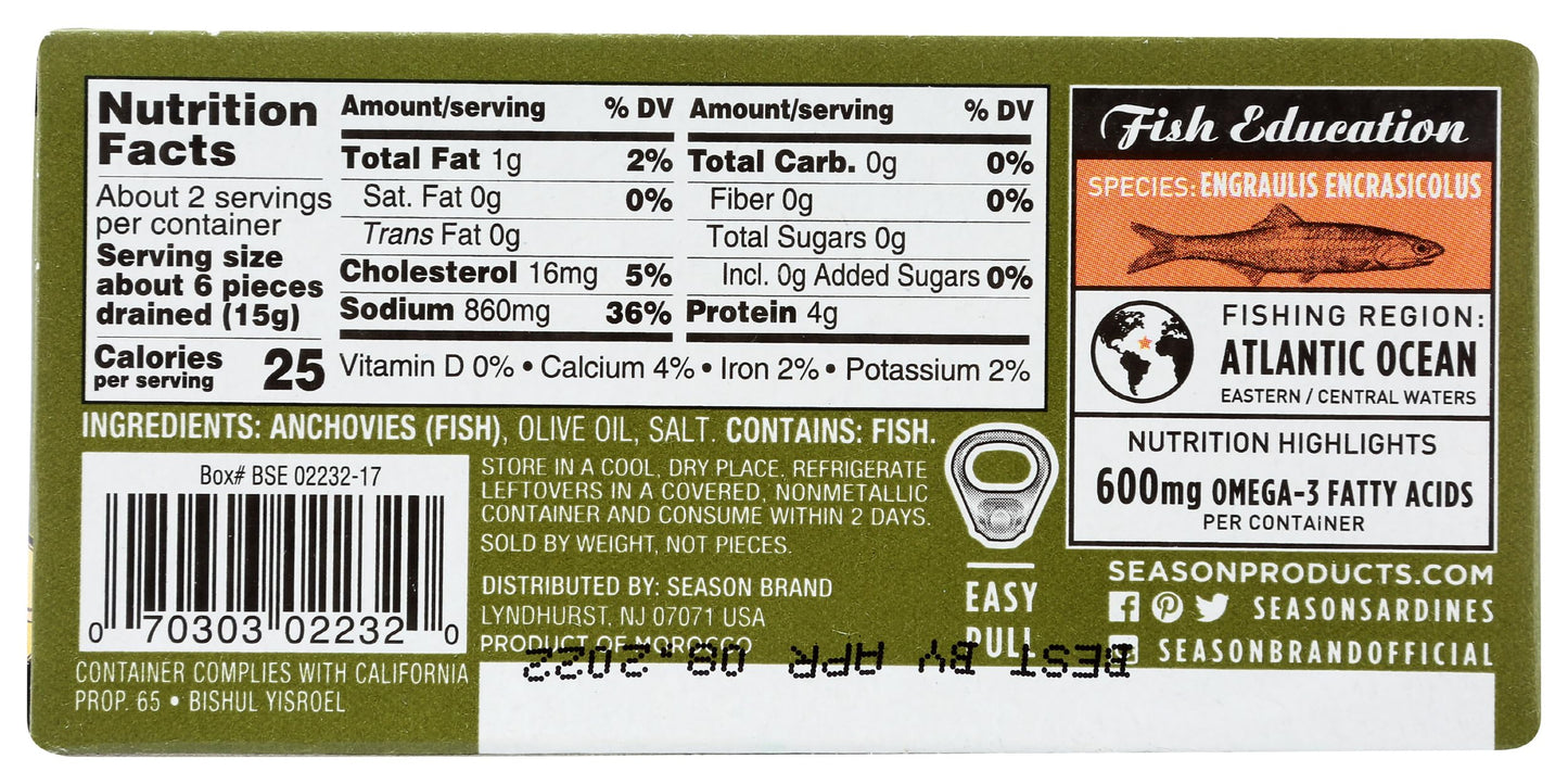 Season Brand Flat Fillets of Anchovies in Olive Oil, 2 oz