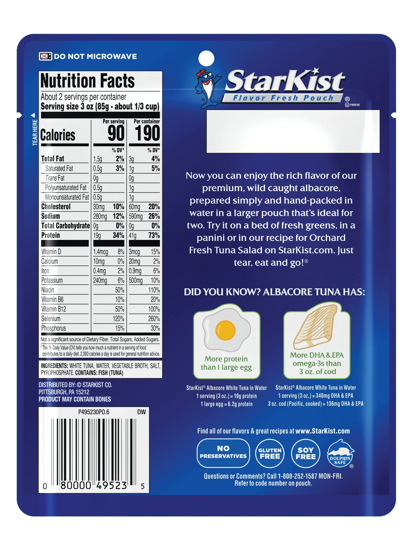 StarKist Albacore White Tuna in Water, 6.4 oz Pouch (1 Pack) Ready to Eat Wild Caught Tuna, 19g Protein & 90 Calories Per Serving, Gluten Free, Soy Free, Kosher, Perfect for Meals & Snacks