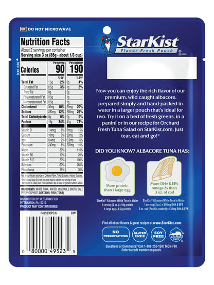 StarKist Albacore White Tuna in Water, 6.4 oz Pouch (1 Pack) Ready to Eat Wild Caught Tuna, 19g Protein & 90 Calories Per Serving, Gluten Free, Soy Free, Kosher, Perfect for Meals & Snacks