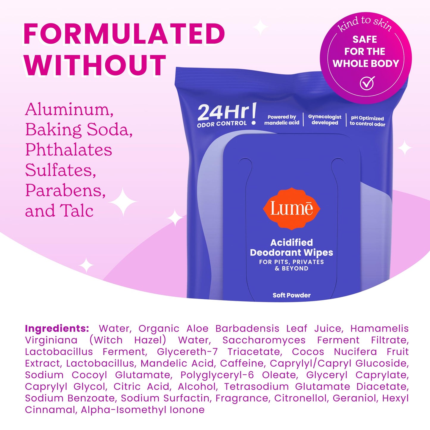 Lume Acidified Deodorant Wipes - 24 Hour Odor Control - Whole Body Deodorant Wipes - Aluminum Free, Baking Soda Free, Skin Loving - Flushable - 15 Count - 3 Pack (Soft Powder)
