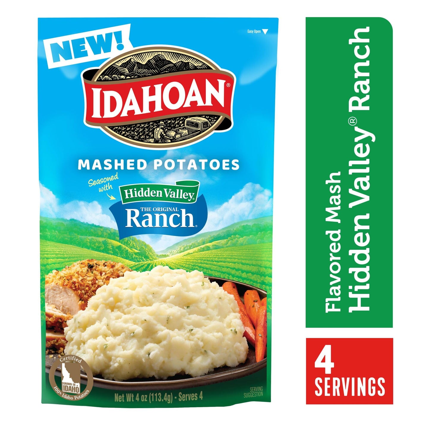 Idahoan Mashed Potatoes Seasoned with Hidden Valley Original Ranch, Naturally Gluten-Free, 100% Real Idaho Potatoes, 4 servings per bag, 4 ounce (Pack of 12)