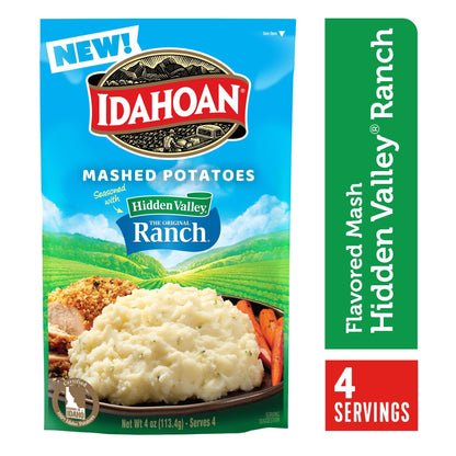 Idahoan Mashed Potatoes Seasoned with Hidden Valley Original Ranch, Naturally Gluten-Free, 100% Real Idaho Potatoes, 4 servings per bag, 4 ounce (Pack of 12)