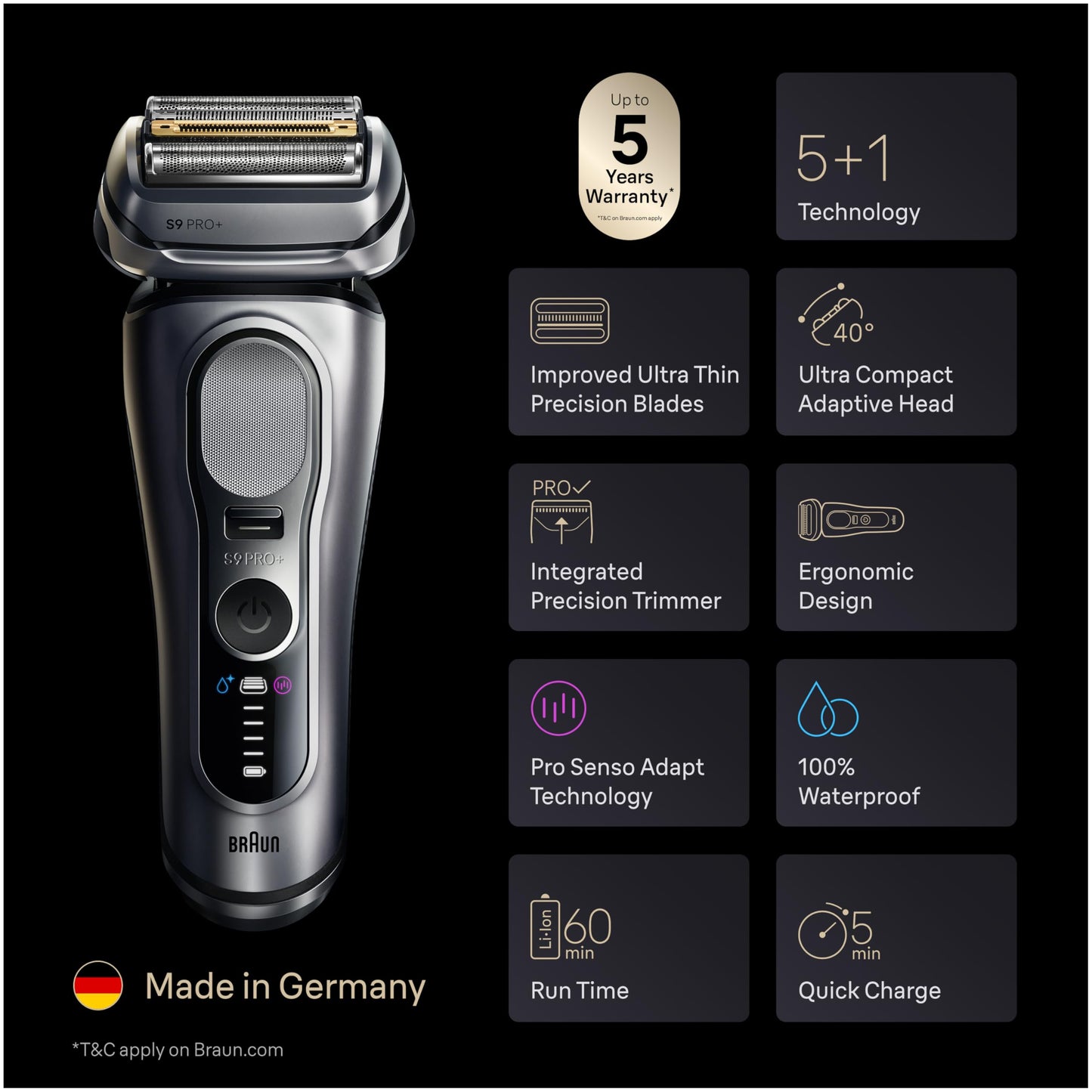 Braun Electric Razor for Men Series 9 PRO+ Electric Foil Shaver with Precision Trimmer, 6in1 SmartCare Center, Travel Powercase, 9677cc