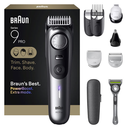 Braun Series 9 PRO All-in-One Beard & Body Grooming Kit for Men, Cordless Trimmer, Hair Clippers & Shaver for Face, Hair & Body with Gillette Labs Razor, AIO 9550