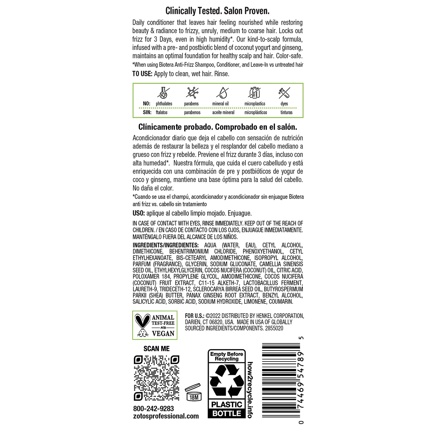 Biotera Anti Frizz Smoothing Conditioner | Smooths & Controls Frizzy, Unruly Hair | Microbiome Friendly | Vegan & Animal Test Free | Paraben Free | Color-Safe