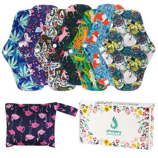 Reusable Menstrual Pads (7 in 1, 25.4cm 4 Layers), Bamboo Cloth Pads for Heavy Flow with Wet Bag, Large Sanitary Pad Set with Wings for Women, Washable Overnight Cloth Panty Liners Period