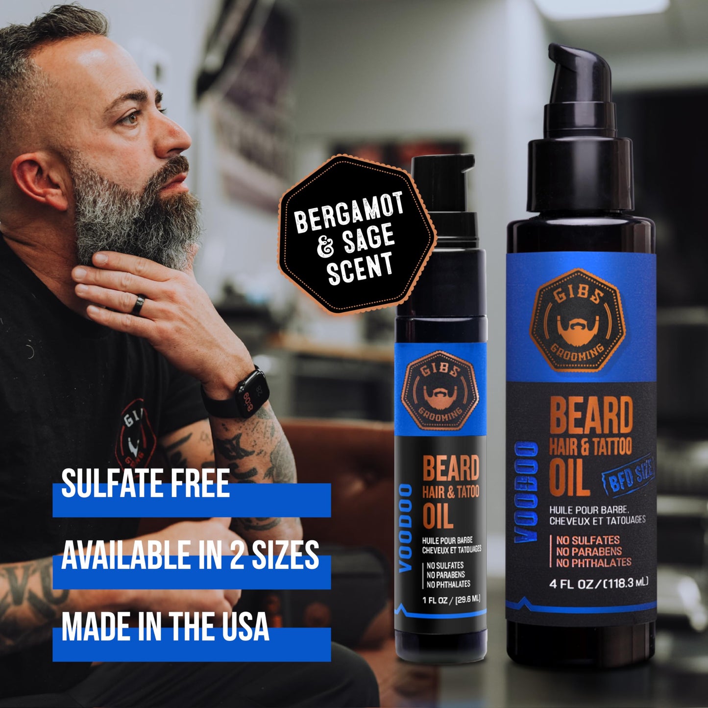 GIBS Beard, Hair & Tattoo Oil - Softens & Strengthens Beard Growth, Moisturizes Skin (4 Scents, 2 Sizes)