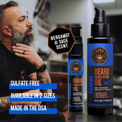GIBS Beard, Hair & Tattoo Oil - Softens & Strengthens Beard Growth, Moisturizes Skin (4 Scents, 2 Sizes)
