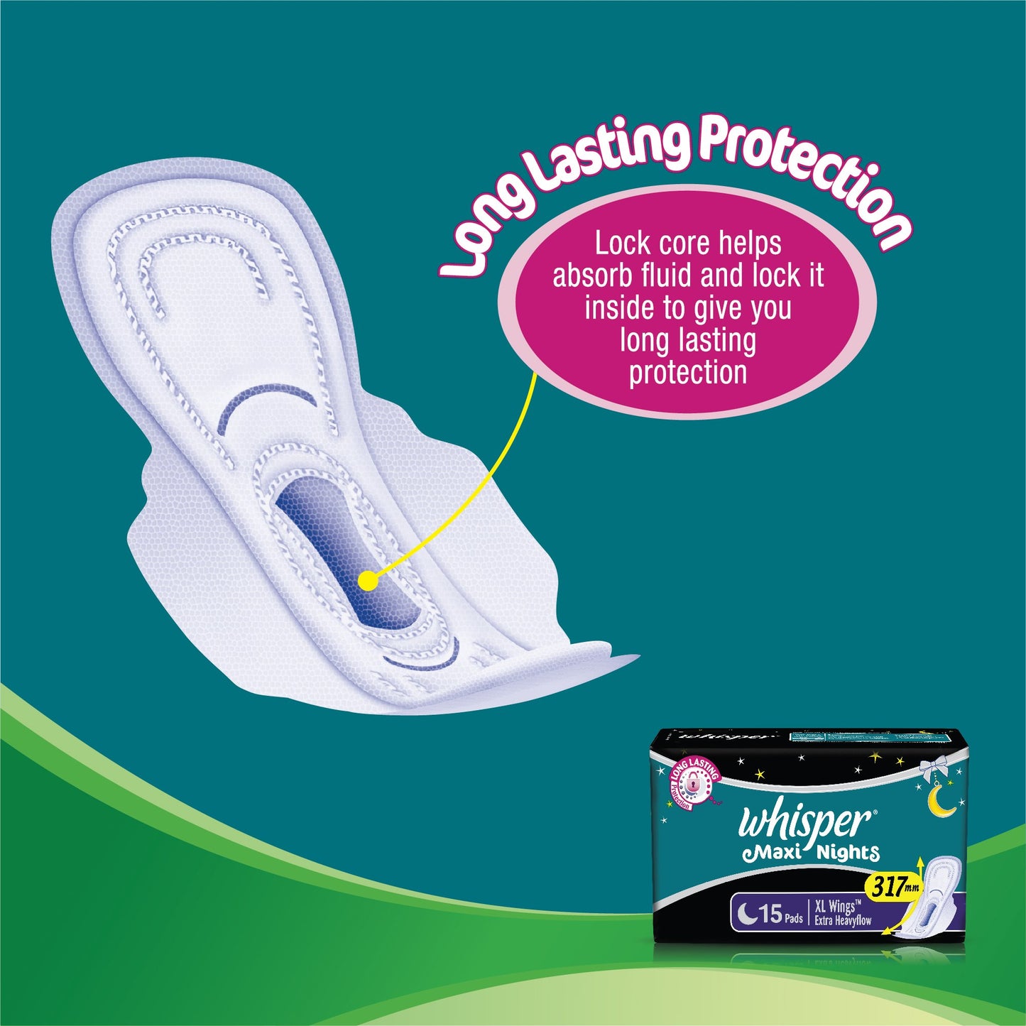 Whisper Maxi Nights Sanitary Pads for Women, XL, Pack of 15 Napkins