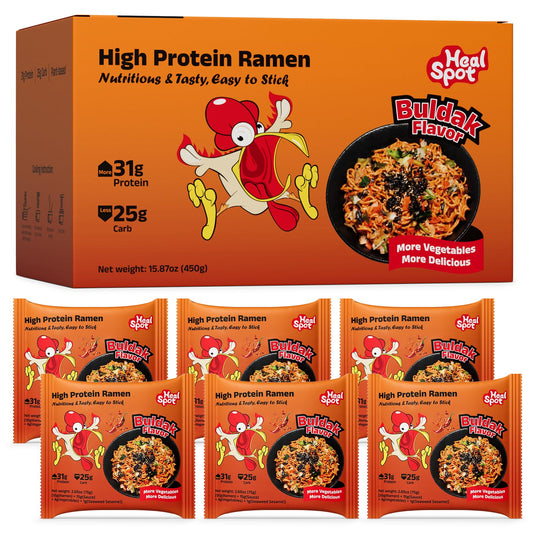 Healspot High Protein Spicy Buldak Noodles, Dry Tossed Ramen, 30g Plant-Based Protein, Low Fat, Low Carb, Non GMO, Keto Friendly & Plant Based (6 packs)