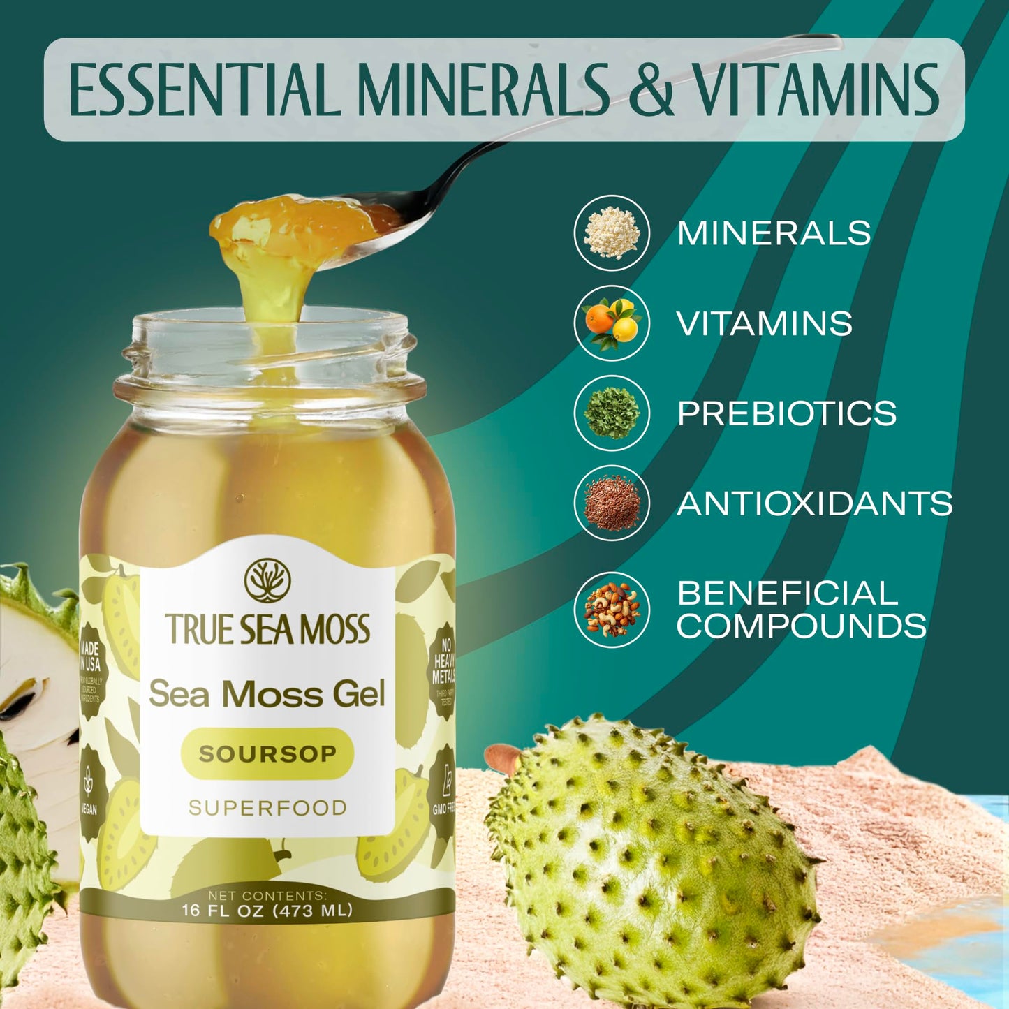 TrueSeaMoss Sea Moss Gel – Made in USA – Wildcrafted Seamoss, Fruits & Jarred Vegetables – Soursop, Pack of 1 (Labels may Vary)