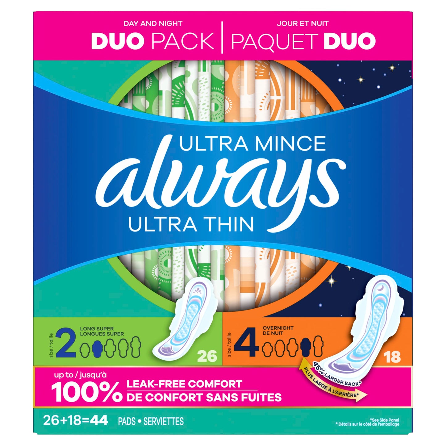 Always Ultra Thin Pads Duo Pack, Feminine Pads with Wings for Women, Size 2 Long Super and 4 Overnight Absorbency, Unscented, Up to 100% Leak-Free Protection, 44 CT
