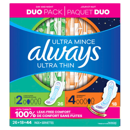 Always Ultra Thin Pads Duo Pack, Feminine Pads with Wings for Women, Size 2 Long Super and 4 Overnight Absorbency, Unscented, Up to 100% Leak-Free Protection, 44 CT