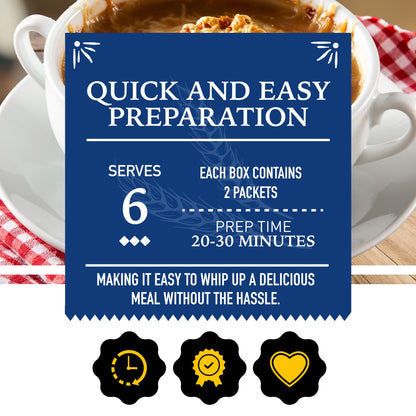 Just In Time Gourmet French Onion Soup Mix, 2 Soups in Box, Quick and Easy Fool-proof Recipe, Simple Ingredients, Hearty Flavors, Must-Have Pantry Item for Classic Comfort Food
