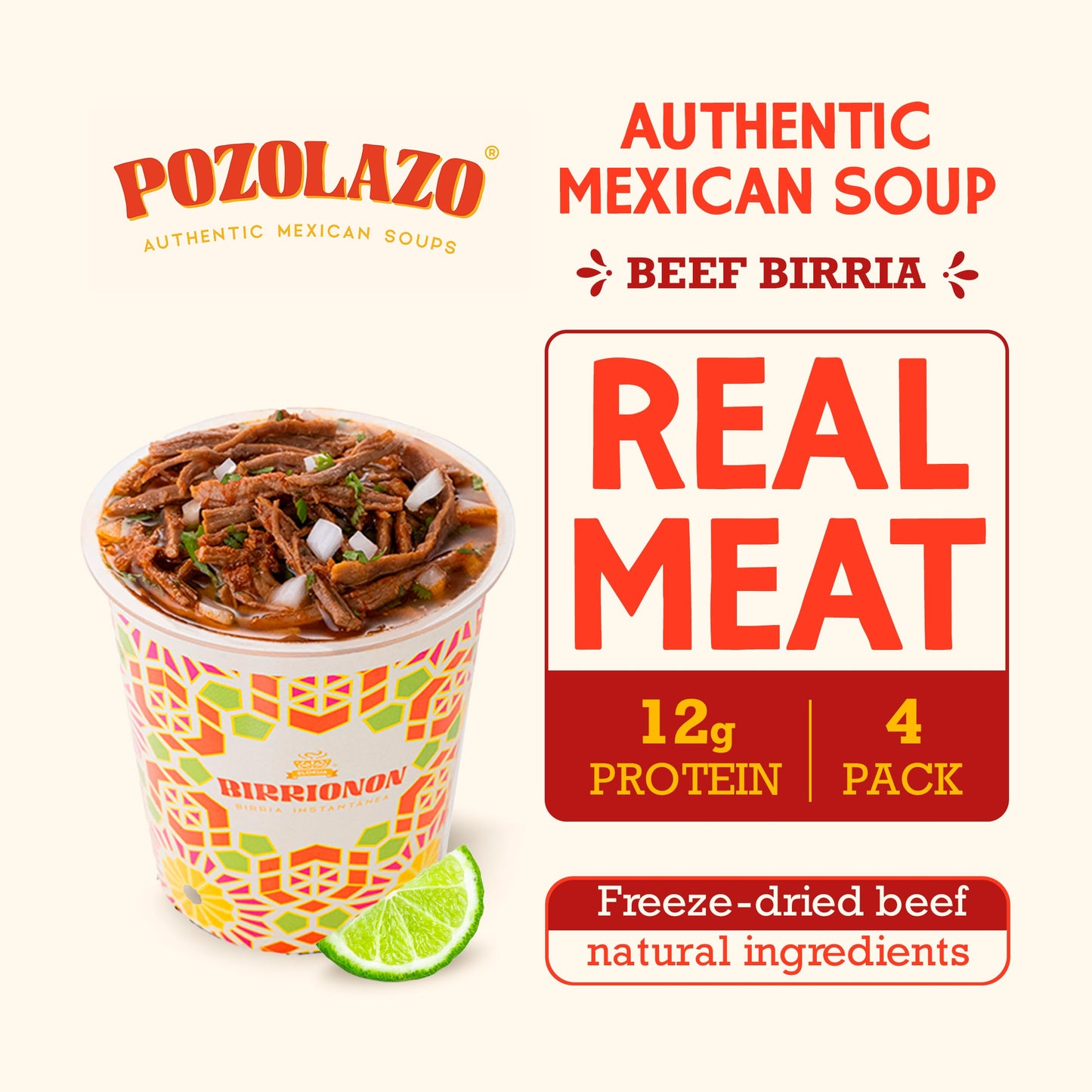 POZOLAZO | Birria Mexican Beef Stew 4-Pack - Freeze-Dried - Authentic Mexican Flavor with Real Tender Beef, Chiles & Traditional Seasoning - Ready in Minutes - Mexican Food