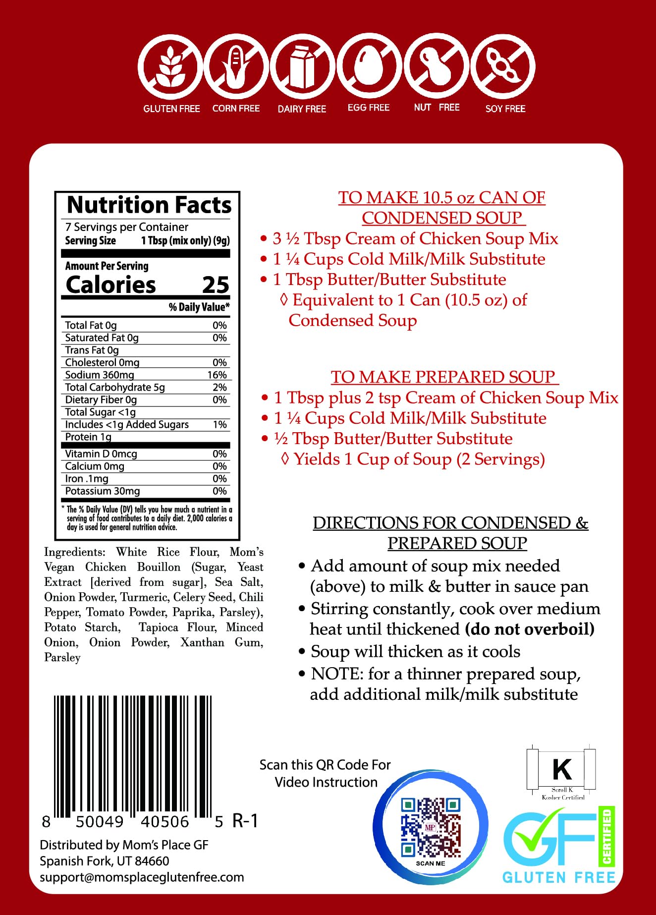 Mom's Place Gluten-Free & Dairy Free Cream of Chicken Soup Mix, Equal to 2 Cans of Condensed Soup, Kosher, Vegan, Nut Free & Soy Free, 2.4 oz.