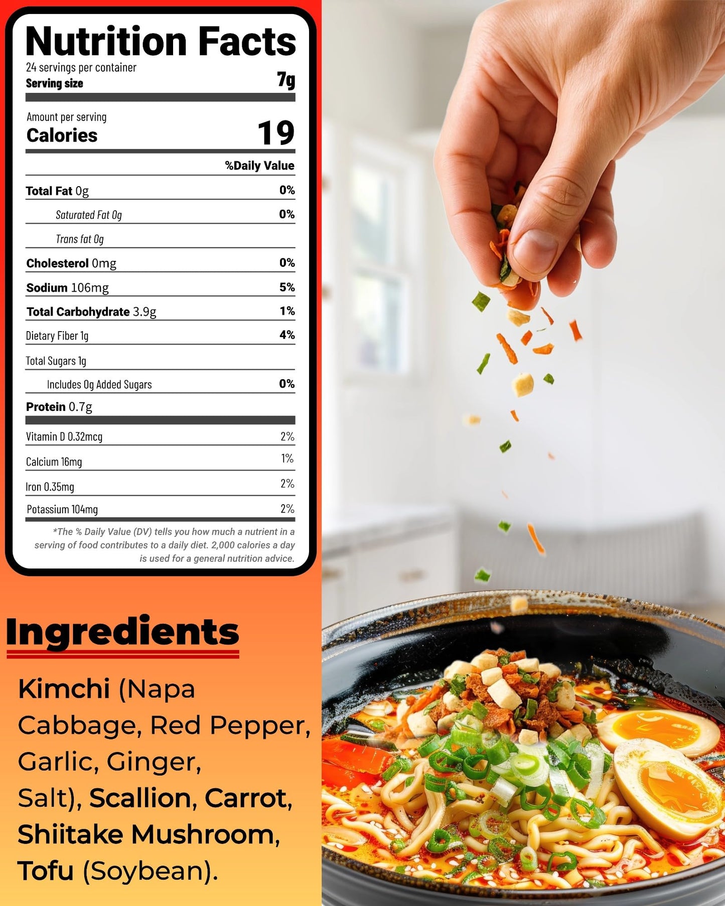 Dried Kimchi Ramen Toppings 6oz - 5 Ingredients Korean-Style Dehydrated Vegetable Mix, Vegan, No MSG, Preservative Free, Dried Vegetables for Instant Ramen Noodles, Soup (170g)