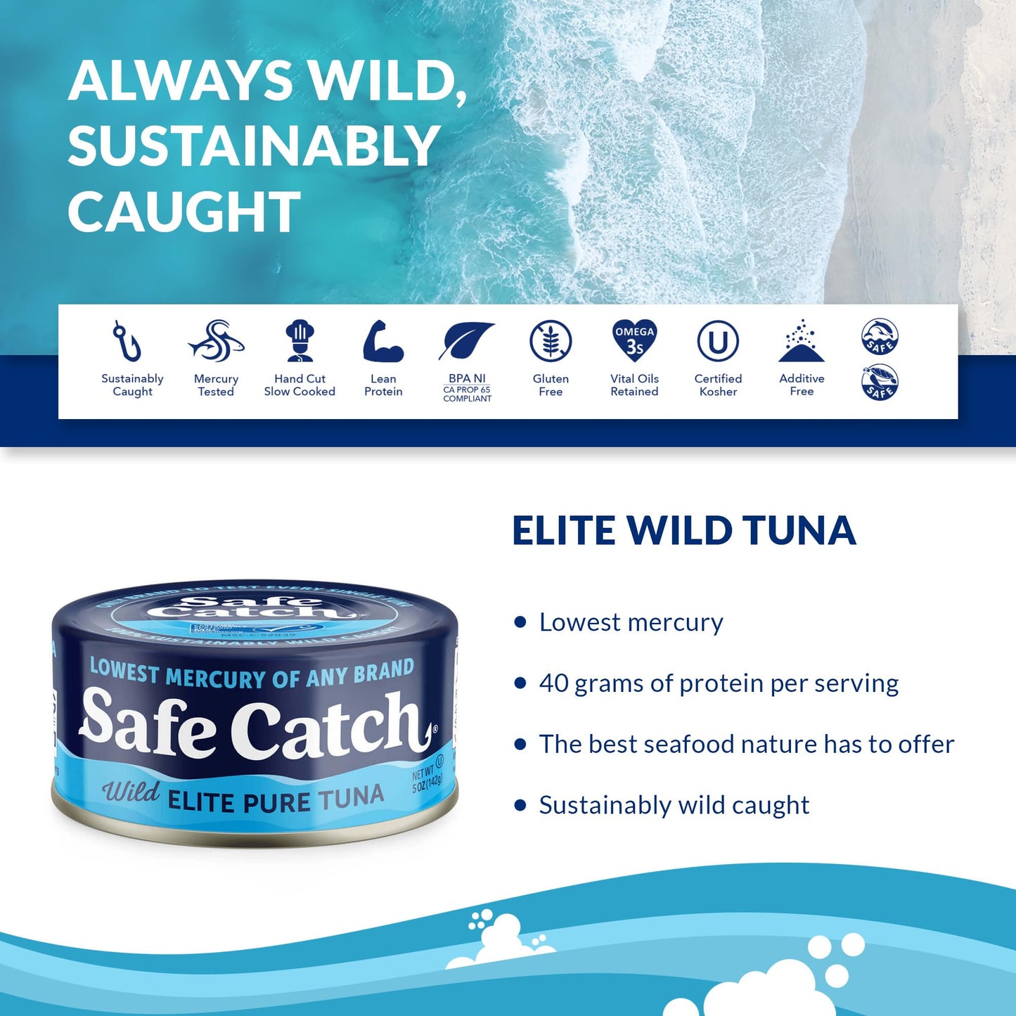 Safe Catch Canned Wild Tuna Fish, Wild Caught, Lowest Mercury, Gluten-Free, Kosher, Non-GMO, Whole30 Approved, Paleo, Keto Food, 5oz Can, 12-Pack