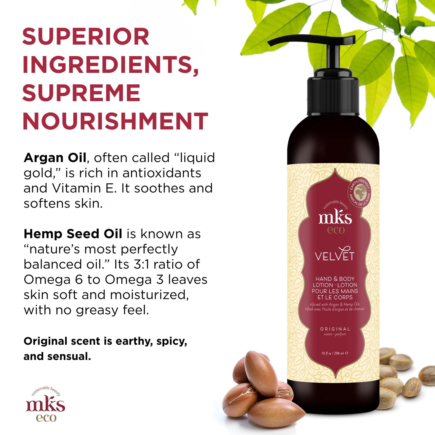 MKS eco Velvet Hand & Body Lotion, Original Scent - 10 oz - Restores Skin Softness, Flexibility & Elasticity - With Moroccan Argan Oil & Hemp Seed Oil - Vegan & Cruelty Free