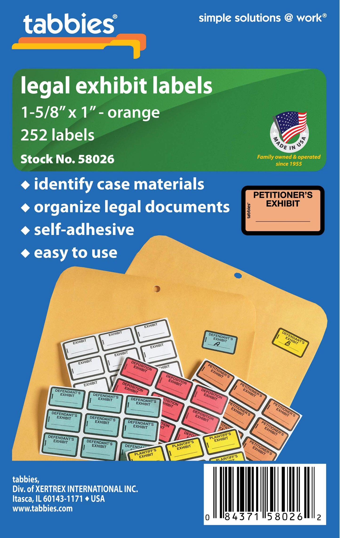 Tabbies Legal Exhibit Labels, Label: 1-5/8"W x 1" H, Sheet: 5-1/4"W x 3-1/4"H, Orange, PETITIONER'S Exhibit 252 Label/Pack (58026)