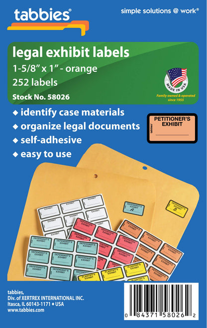Tabbies Legal Exhibit Labels, Label: 1-5/8"W x 1" H, Sheet: 5-1/4"W x 3-1/4"H, Orange, PETITIONER'S Exhibit 252 Label/Pack (58026)