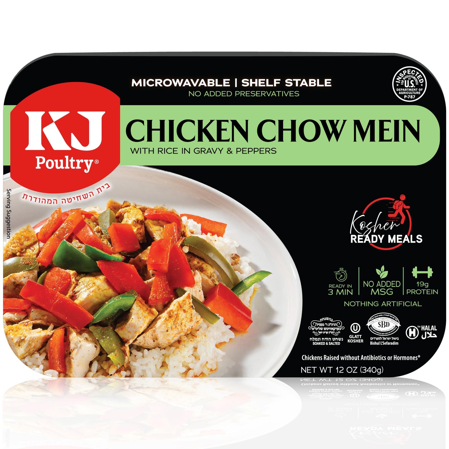 KJ Poultry Kosher Ready Meals - Chicken Chow Mein, MRE Meat Meals Ready to Eat, Gluten Free, Halal, (1 Pack) Prepared Entree Fully Cooked, Shelf Stable Microwave Dinner Travel Military Camping