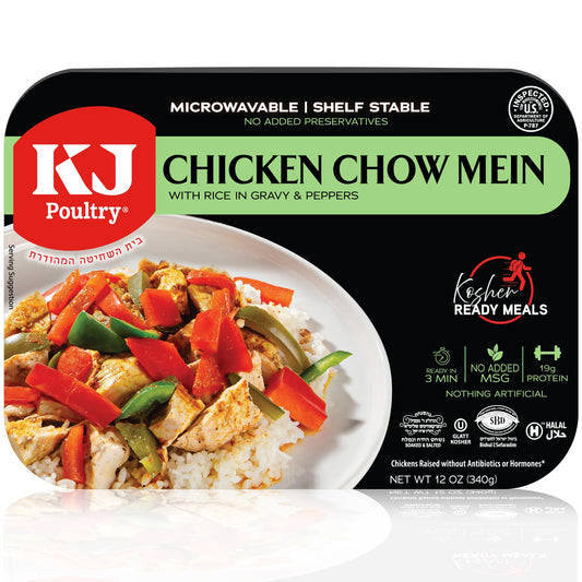 KJ Poultry Kosher Ready Meals - Chicken Chow Mein, MRE Meat Meals Ready to Eat, Gluten Free, Halal, (1 Pack) Prepared Entree Fully Cooked, Shelf Stable Microwave Dinner Travel Military Camping