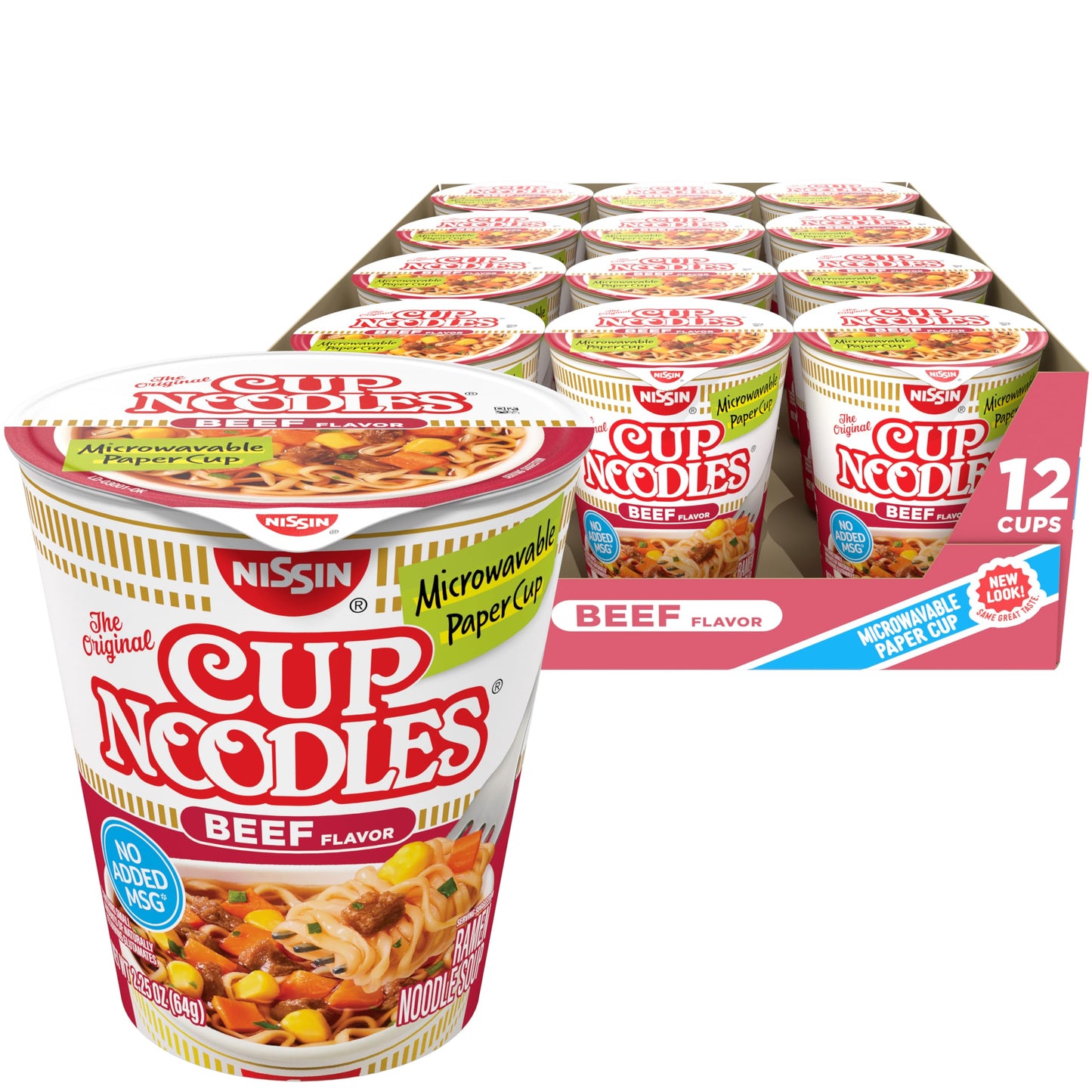 Nissin Cup Noodles Soup, Beef Flavor, Microwaveable Paper Cups, Instant Ramen, 2.25 Ounce (Pack of 12)