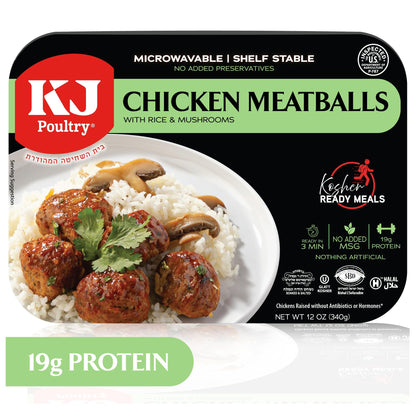 KJ Poultry Kosher Ready Meals - Chicken Meat Balls & Mushrooms, MRE Meat Meals Ready to Eat, Halal, (1 Pack) Prepared Entree Fully Cooked, Shelf Stable Microwave Dinner, Travel, Military, Camping