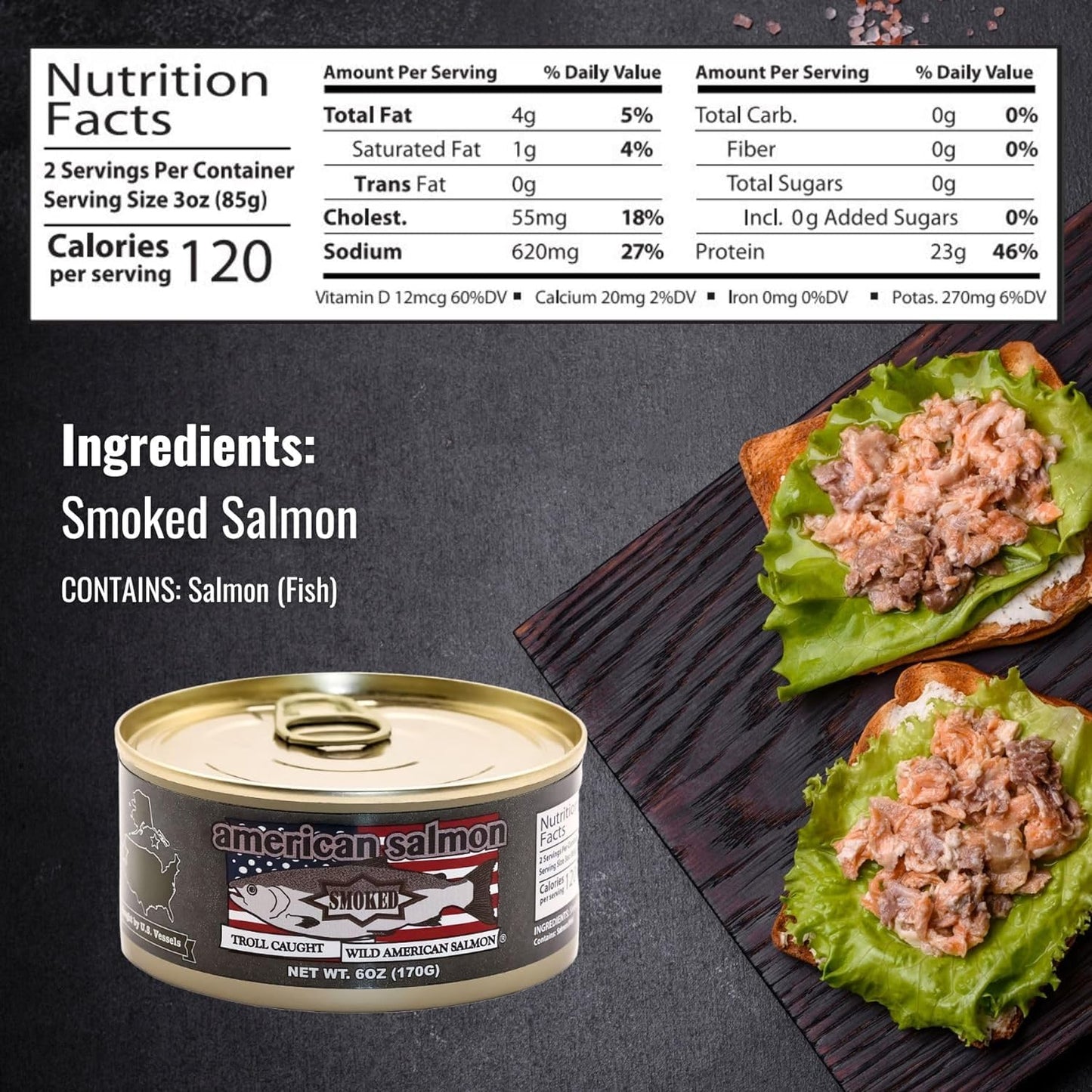 American Tuna Sushi-grade Troll Caught Premium Wild Salmon Fish - Smoked Salmon, MSC Certified, & Hand Processed - 6 oz Cans | Pack of 6 | Delicacy for Health and Flavor Enthusiasts!
