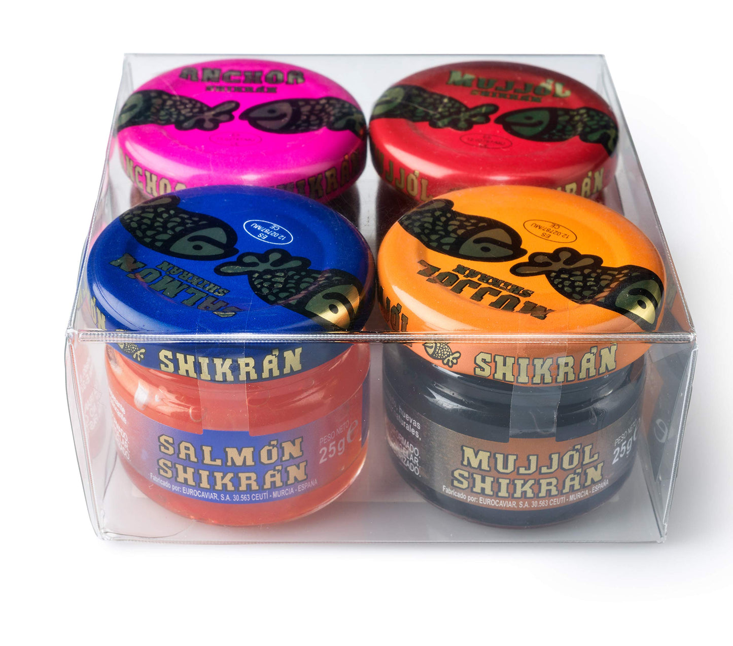 Eurocaviar - Shikran - Sampler pack: 4 x 0.88 oz Mullet Roe Black Caviar Pearls + Mullet Roe Red Caviar Pearls + Smoked Salmon Caviar Pearls + Anchovies Caviar Pearls