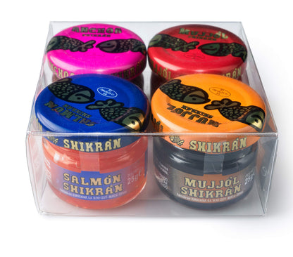 Eurocaviar - Shikran - Sampler pack: 4 x 0.88 oz Mullet Roe Black Caviar Pearls + Mullet Roe Red Caviar Pearls + Smoked Salmon Caviar Pearls + Anchovies Caviar Pearls